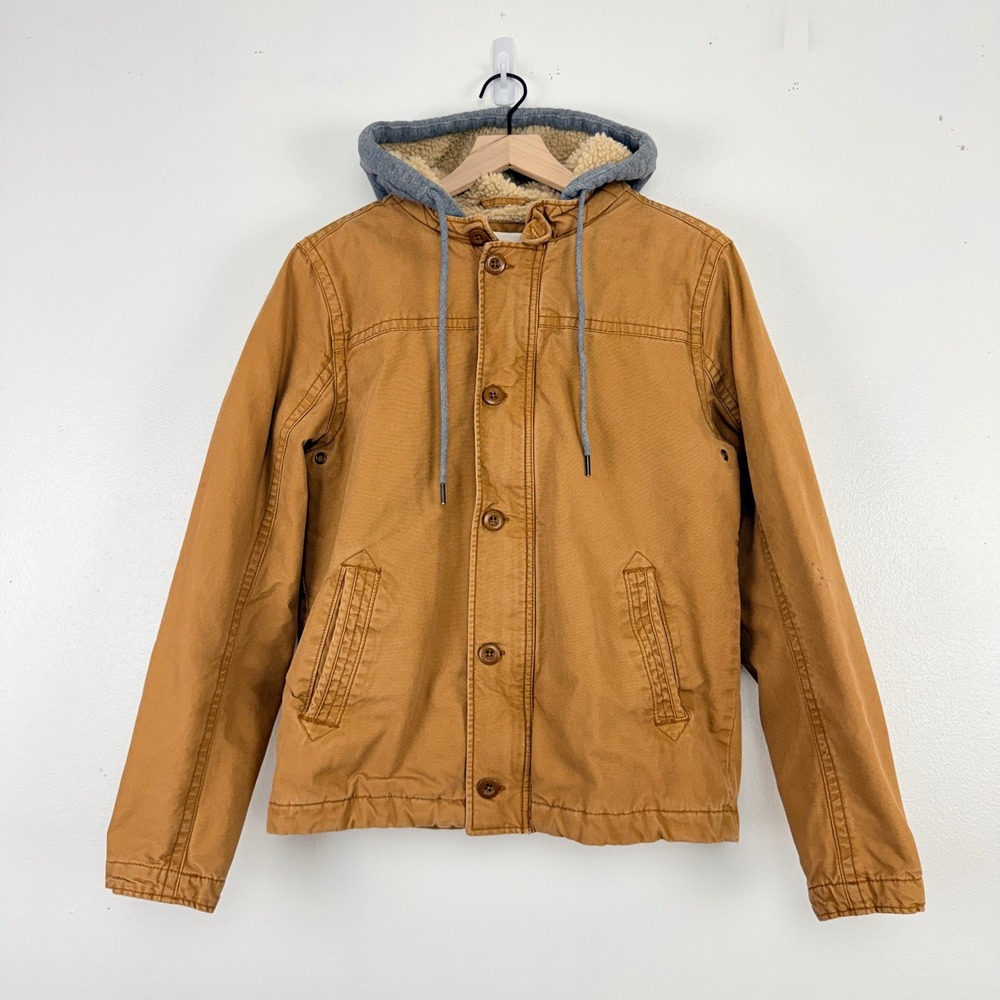 Aeropostale Mens Sherpa Lined Hooded Utility Jacket Size S Tan School Casual
